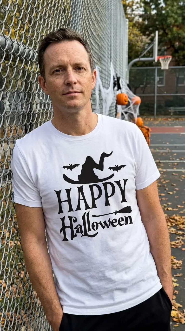 Happy Halloween Witch Hat T-Shirt 6 Person enjoying a festive moment wearing the 'Happy Halloween' tee with playful graphics.