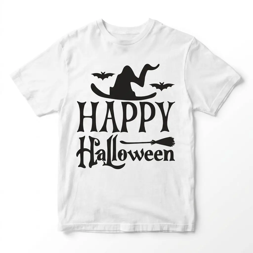 Happy Halloween Witch Hat T-Shirt 1 Front flat lay of a t-shirt featuring 'Happy Halloween' with a witch hat and bats.
