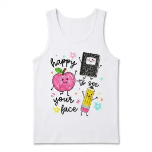 Happy to See Your Face Teacher T-Shirt 8 Flatlay of a tank top with a playful school-themed design and fun characters.