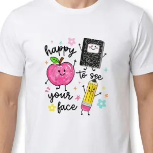 Happy to See Your Face Teacher T-Shirt 9 Man wearing a t-shirt with a playful school-themed design and cute characters.