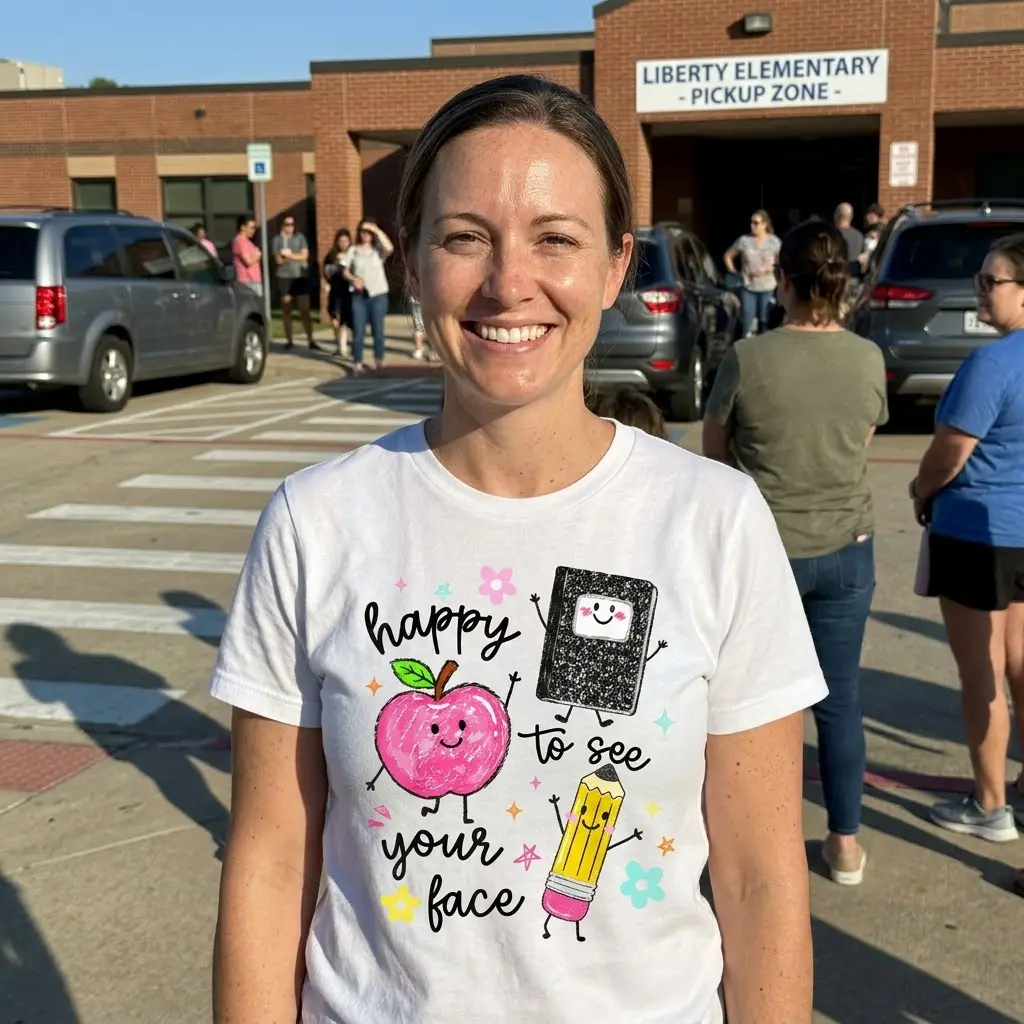 Happy to See Your Face Teacher T-Shirt 5 Person in casual setting wearing teacher t-shirt with a fun school-themed design.