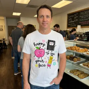 Happy to See Your Face Teacher T-Shirt 11 Individual in everyday setting modeling a t-shirt with a school-themed design.