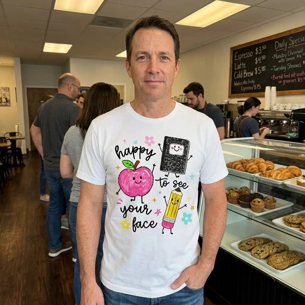 Happy to See Your Face Teacher T-Shirt 6 Individual in everyday setting modeling a t-shirt with a school-themed design.
