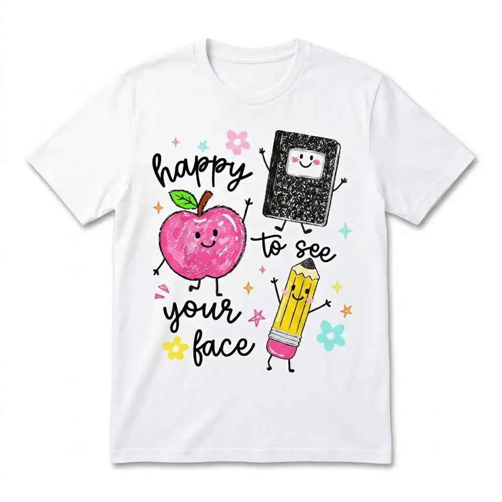 Happy to See Your Face Teacher T-Shirt 1 White t-shirt featuring a cheerful design with a smiling apple, notebook, and pencil.