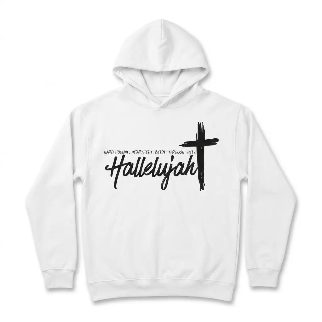 Christian faith shirt featuring a black cross and 'Hallelujah' text on a white background.