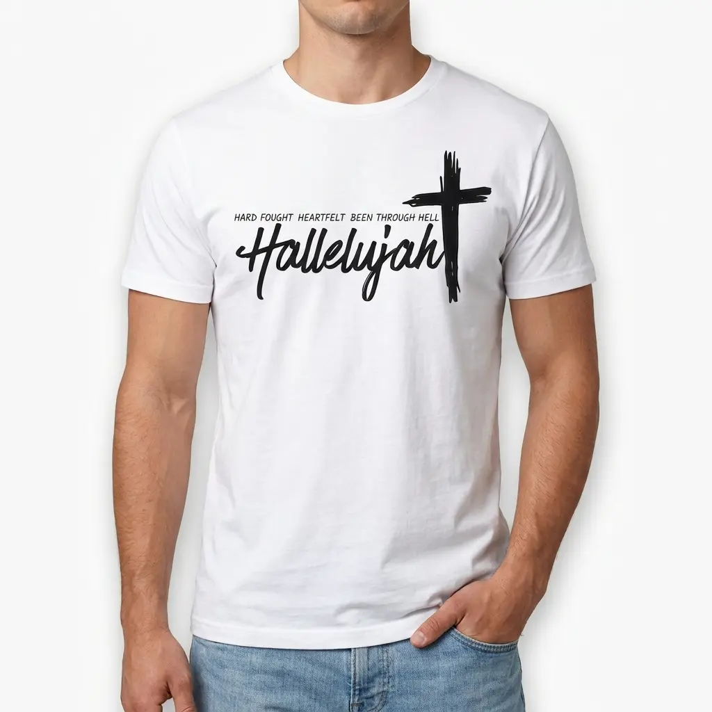 White t-shirt showcasing a black cross and 'Hard Fought Hallelujah' in stylized text.