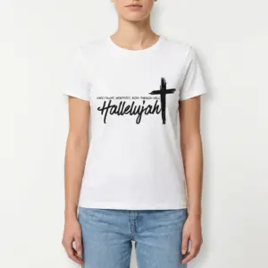 Hard Fought Hallelujah Christian Faith T-Shirt 9 Faith & Christian shirt with a bold black cross and 'Hallelujah' on white fabric.