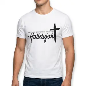 Hard Fought Hallelujah Christian Faith T-Shirt 10 T-shirt displaying a striking black cross and 'Hard Fought Hallelujah' design.
