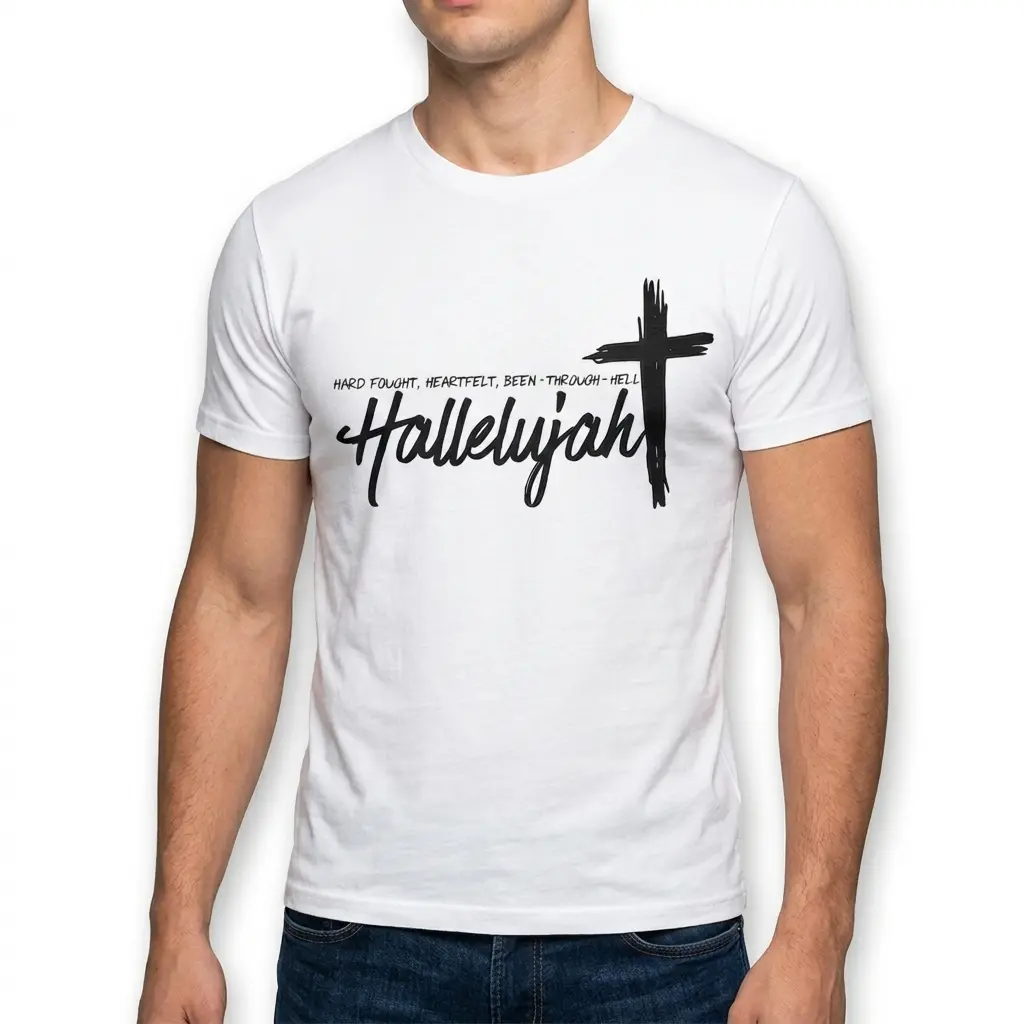 T-shirt displaying a striking black cross and 'Hard Fought Hallelujah' design.