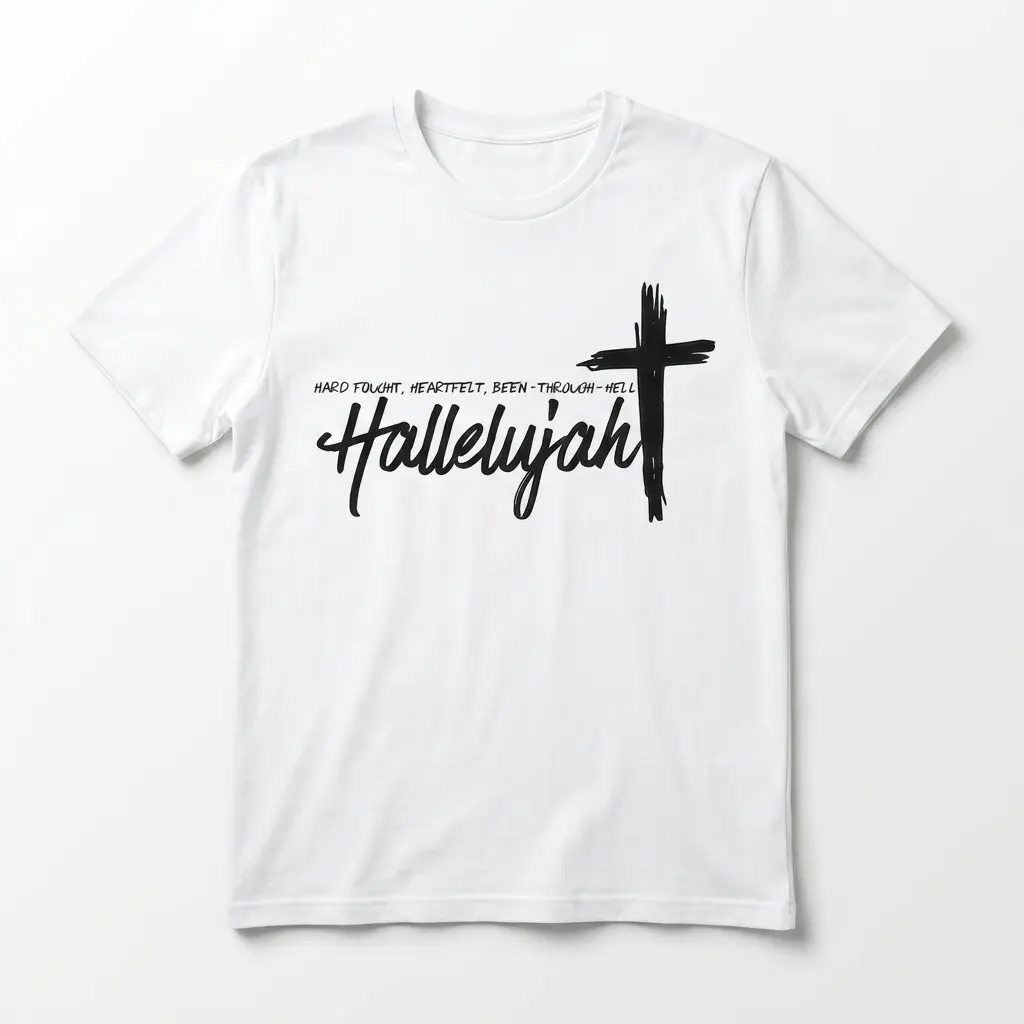 White Christian faith t-shirt with black cross and 'Hard Fought Hallelujah' text design.