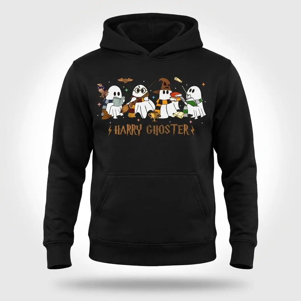 Harry Ghoster Parody Halloween T-Shirt 2 Harry Ghoster hoodie flat lay showing spooky parody ghost design.