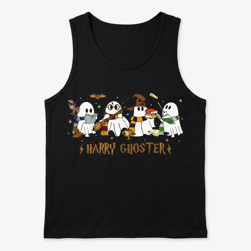 Harry Ghoster Parody Halloween T-Shirt 3 Harry Ghoster tank top flat lay featuring Halloween-themed ghost design.