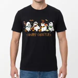 Harry Ghoster Parody Halloween T-Shirt 9 Man modeling Harry Ghoster T-shirt with whimsical ghost design.
