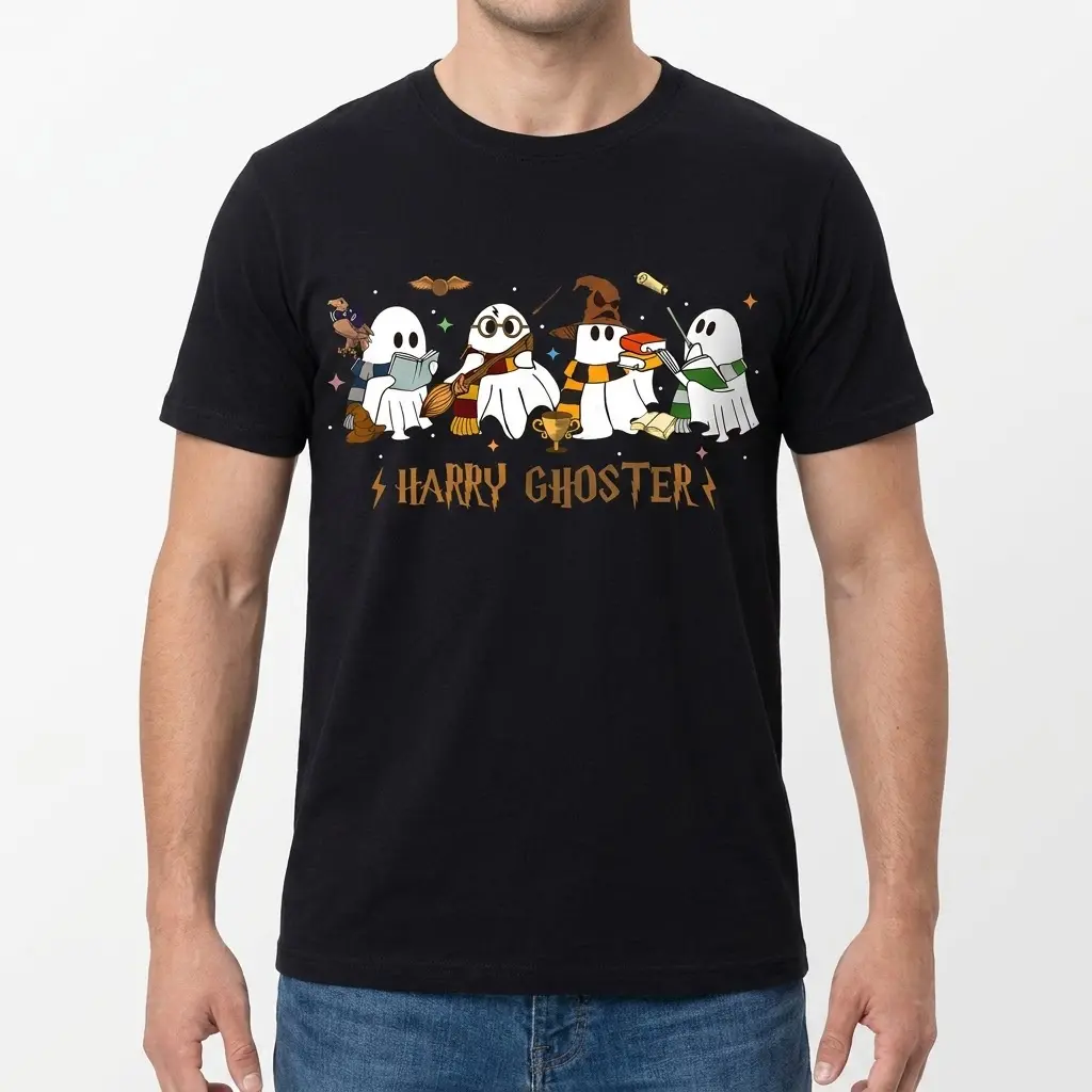 Harry Ghoster Parody Halloween T-Shirt 4 Man modeling Harry Ghoster T-shirt with whimsical ghost design.