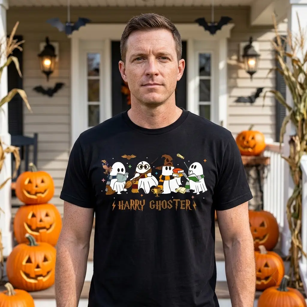 Harry Ghoster Parody Halloween T-Shirt 5 Person wearing Harry Ghoster shirt in a relaxed setting.