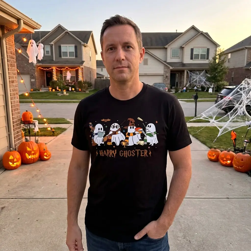 Harry Ghoster Parody Halloween T-Shirt 6 Harry Ghoster T-shirt worn by person at a casual gathering.