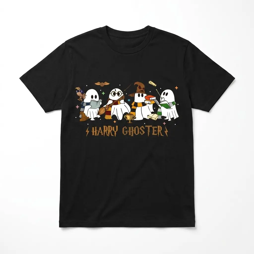 Harry Ghoster Parody Halloween T-Shirt 1 Harry Ghoster T-shirt flat lay with playful ghost design.