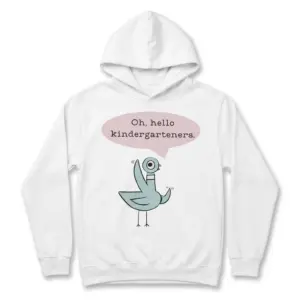 Hello Kindergarteners Pigeon Graphic Teacher T-Shirt 7 Cartoon pigeon graphic on a white T-shirt with speech bubble text.