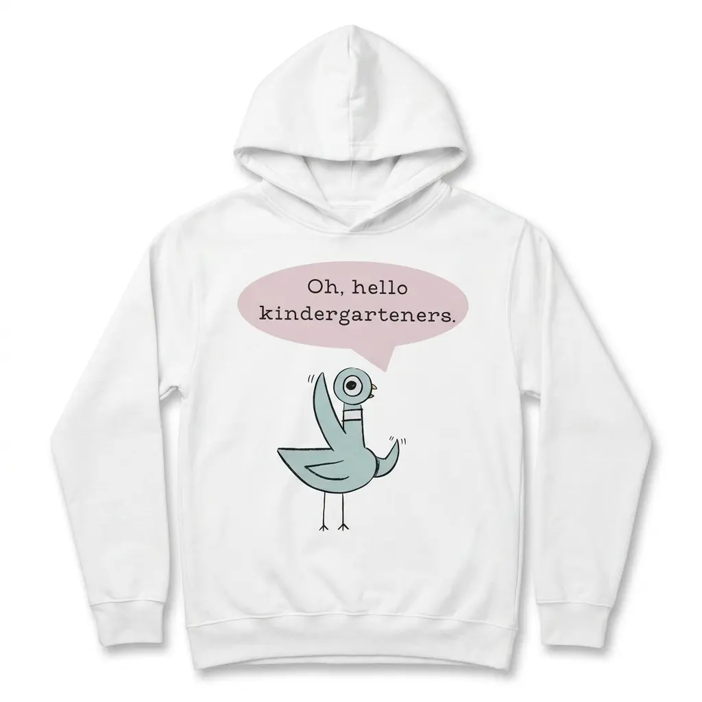 Cartoon pigeon graphic on a white T-shirt with speech bubble text.