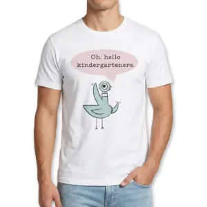 Hello Kindergarteners Pigeon Graphic Teacher T-Shirt 8 Graphic T-shirt with a pigeon illustration and kindergarten greeting.