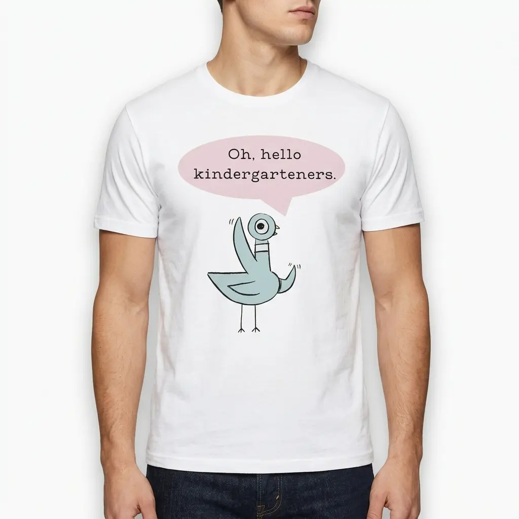 Teacher T-shirt showcasing a pigeon cartoon and welcoming message.