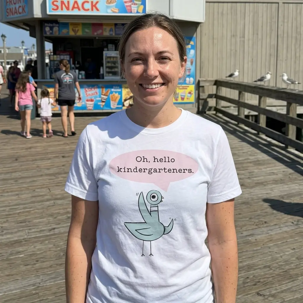 Person wearing T-shirt with a pigeon graphic and kindergarten greeting.
