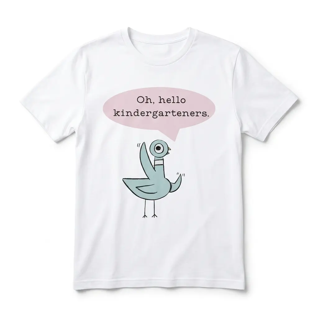 White T-shirt featuring a cartoon pigeon saying 'Oh, hello kindergarteners.
