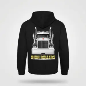 High Rollers Chrome Truck T-Shirt 7 Black hoodie flat lay displaying chrome truck design on the back.
