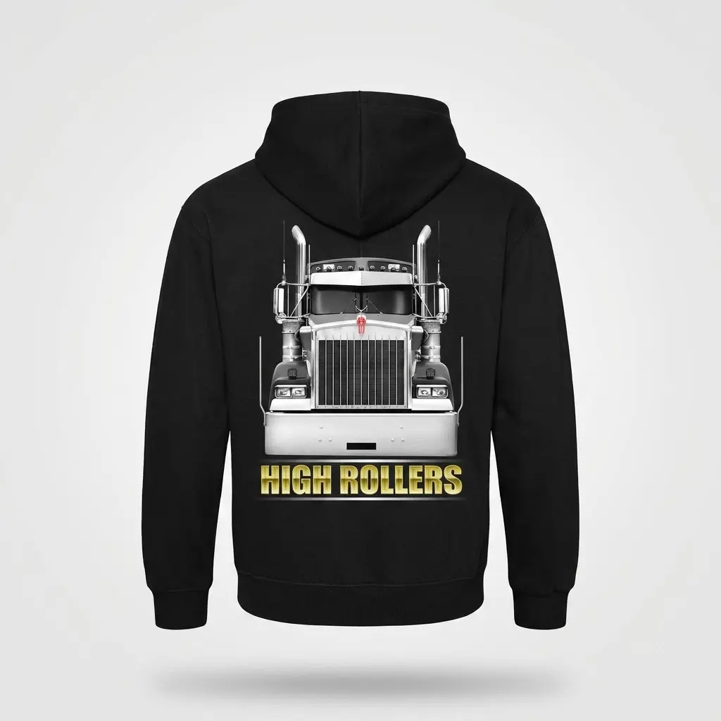 High Rollers Chrome Truck T-Shirt 2 Black hoodie flat lay displaying chrome truck design on the back.
