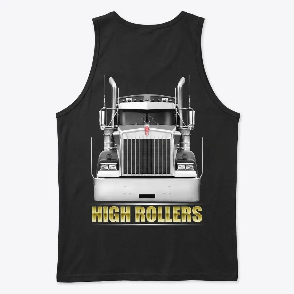 High Rollers Chrome Truck T-Shirt 3 Black tank top flat lay showcasing large chrome truck on the back.