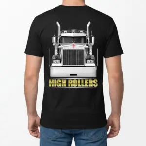 High Rollers Chrome Truck T-Shirt 9 Model wearing T-shirt with bold chrome truck graphic on the back.