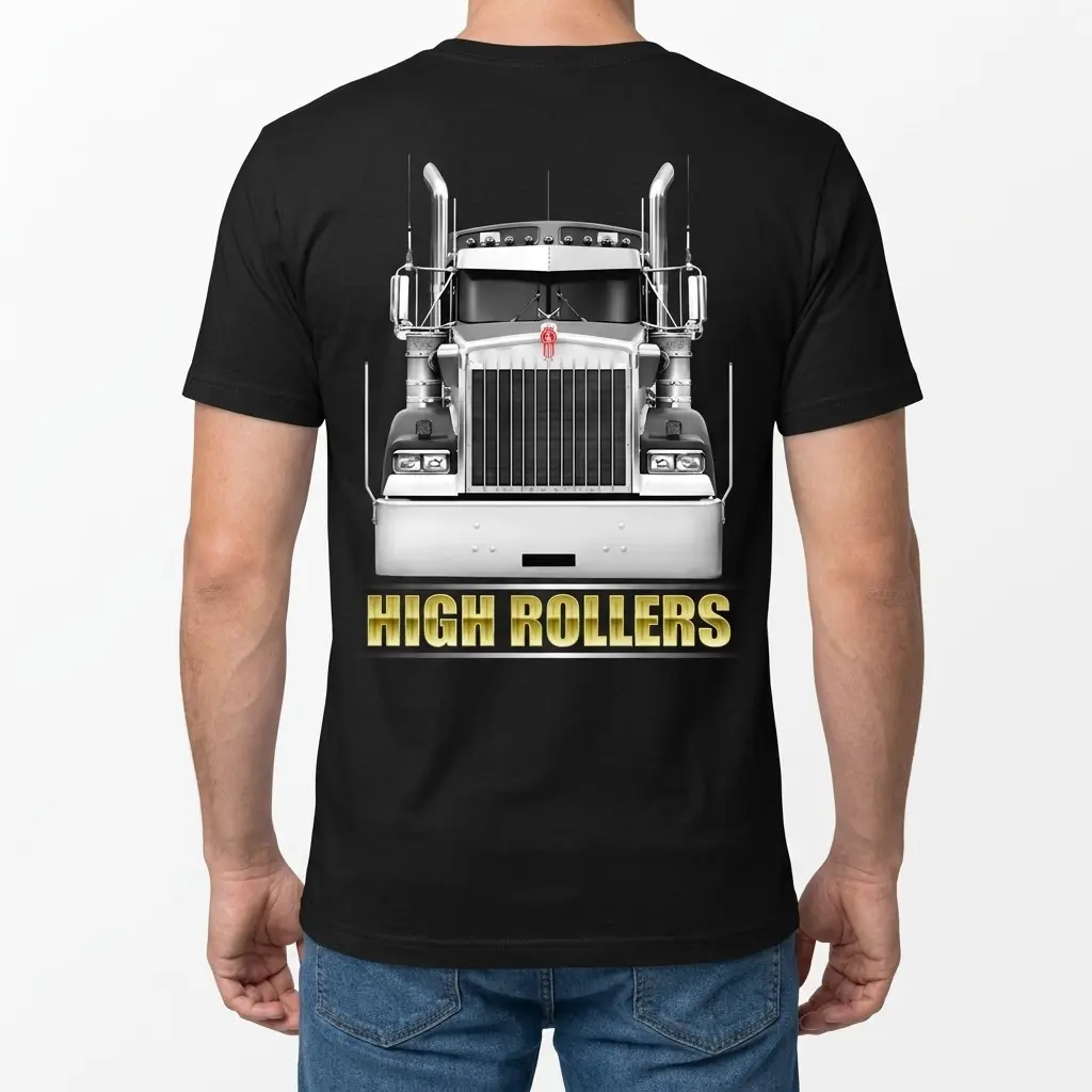 High Rollers Chrome Truck T-Shirt 4 Model wearing T-shirt with bold chrome truck graphic on the back.