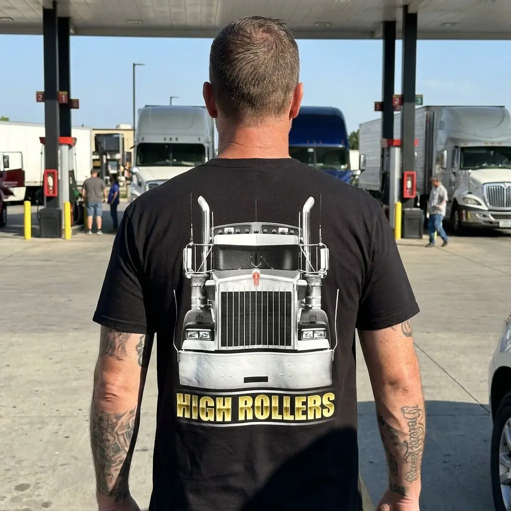 High Rollers Chrome Truck T-Shirt 5 Person in casual setting wearing T-shirt with striking chrome truck design.