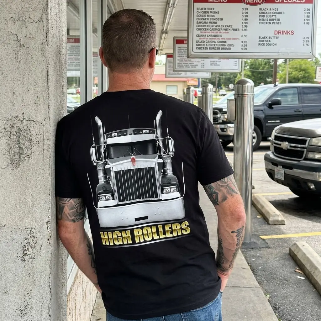High Rollers Chrome Truck T-Shirt 6 T-shirt with chrome truck graphic worn by model in outdoor setting.