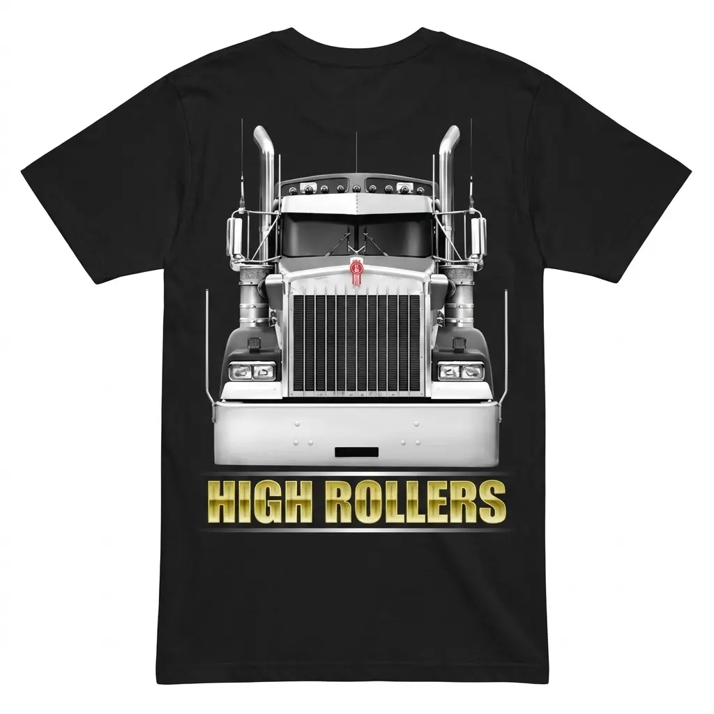 High Rollers Chrome Truck T-Shirt 1 Black T-shirt flat lay showing front view of chrome truck graphic.