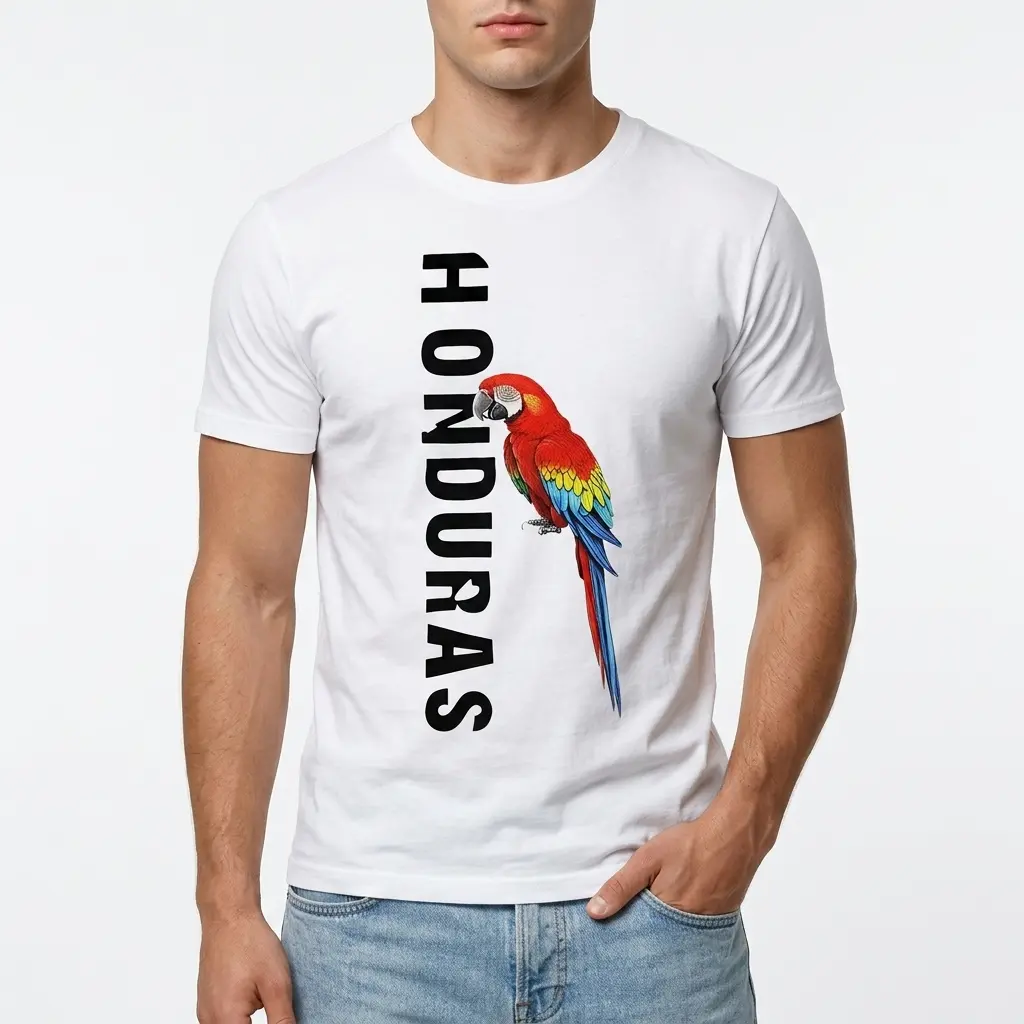 Detailed scarlet macaw design on travel shirt's front.