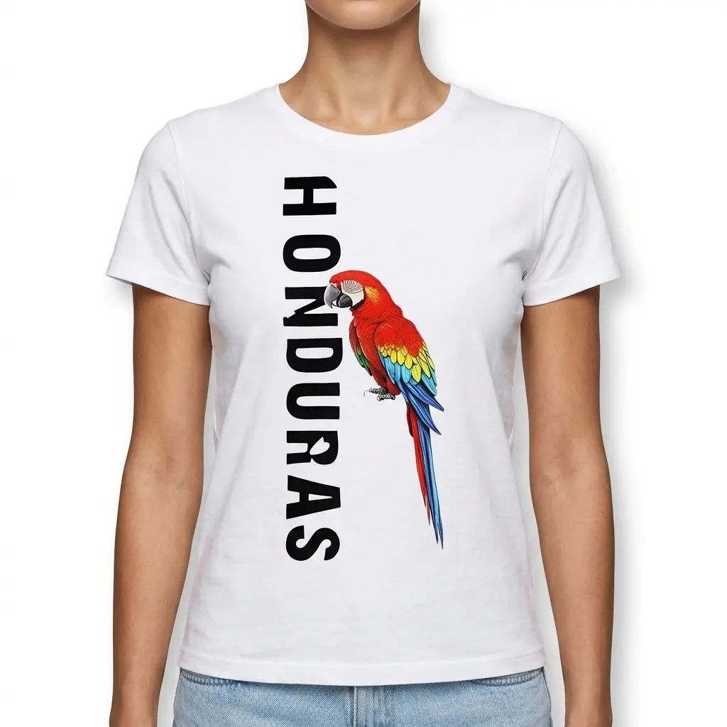 Close-up of Honduras text and macaw on t-shirt.