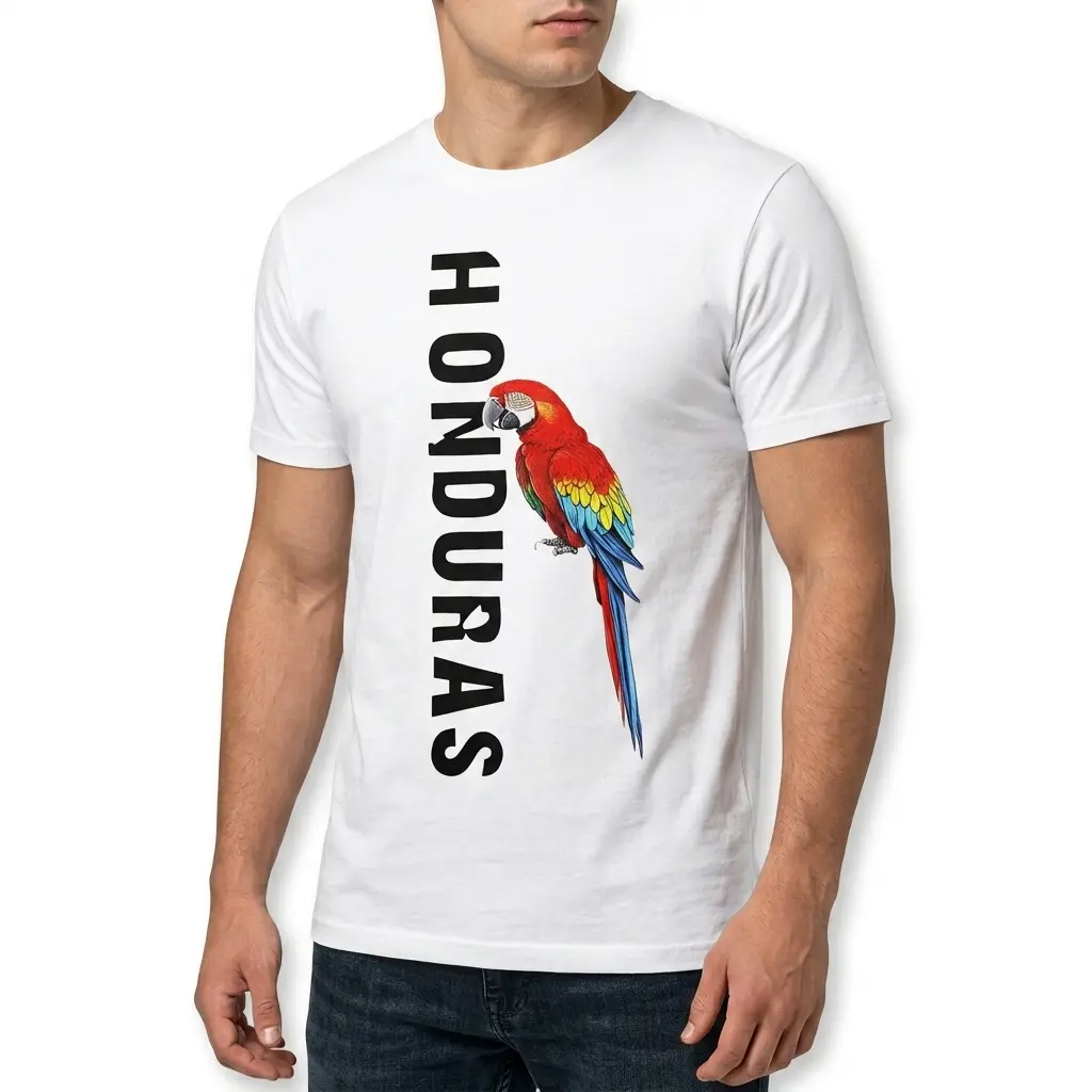Graphic tee featuring vibrant macaw illustration.