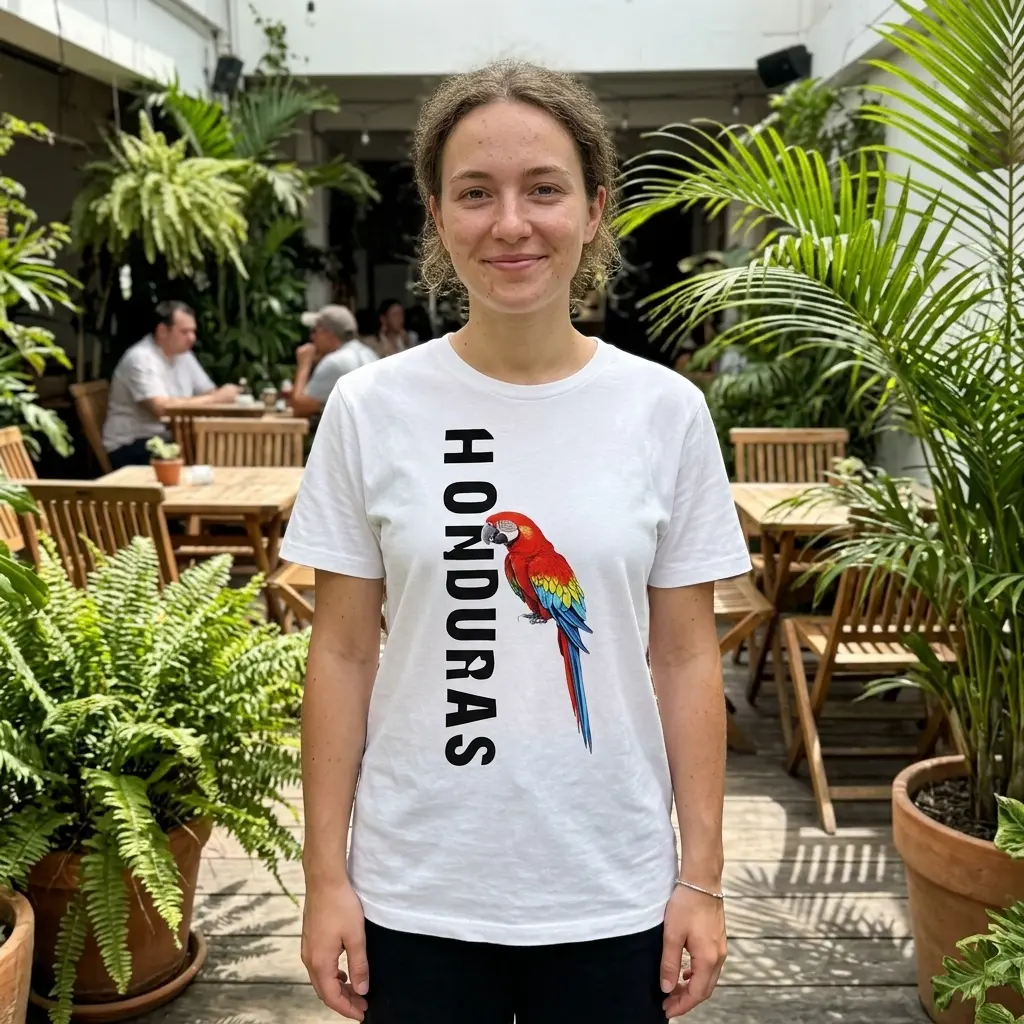 Person wearing Honduras macaw shirt in a casual setting.
