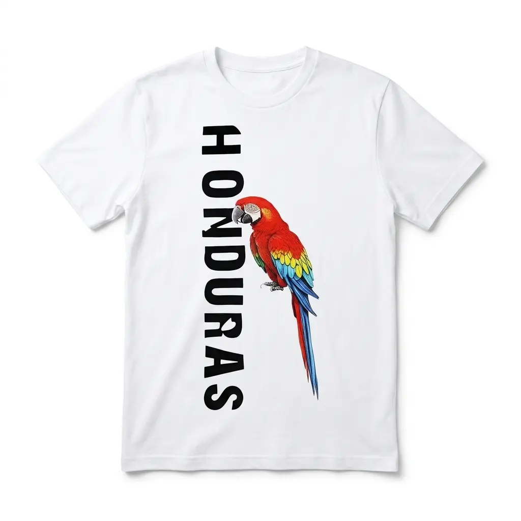 White t-shirt with scarlet macaw graphic and 'Honduras' text.