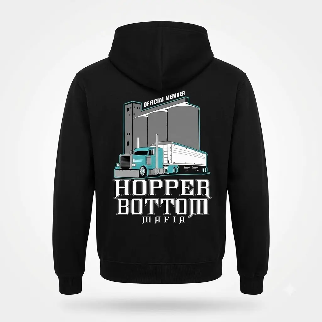 Back view of Hopper Bottom Mafia trucker graphic hoodie.