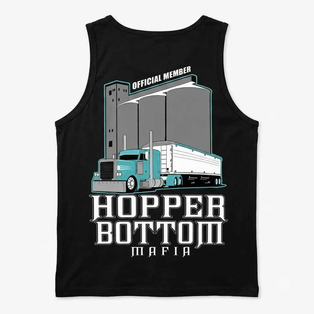 Back view of Hopper Bottom Mafia trucker graphic tank top.