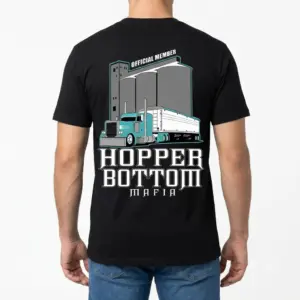 Hopper Bottom Mafia Trucker Graphic T-Shirt 9 Man wearing Hopper Bottom Mafia trucker graphic shirt, back view.