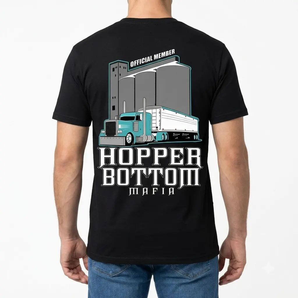 Man wearing Hopper Bottom Mafia trucker graphic shirt, back view.