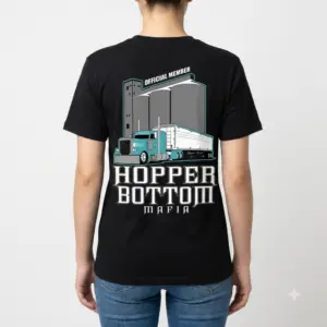 Hopper Bottom Mafia Trucker Graphic T-Shirt 10 Woman wearing Hopper Bottom Mafia trucker graphic shirt, back view.