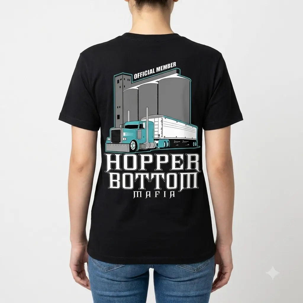 Woman wearing Hopper Bottom Mafia trucker graphic shirt, back view.
