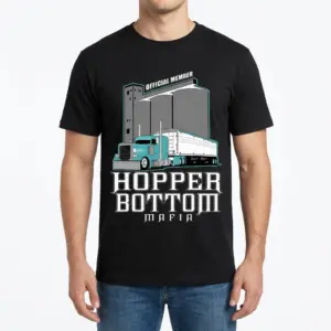Hopper Bottom Mafia Trucker Graphic T-Shirt 11 Man wearing Hopper Bottom Mafia trucker graphic shirt, front view.
