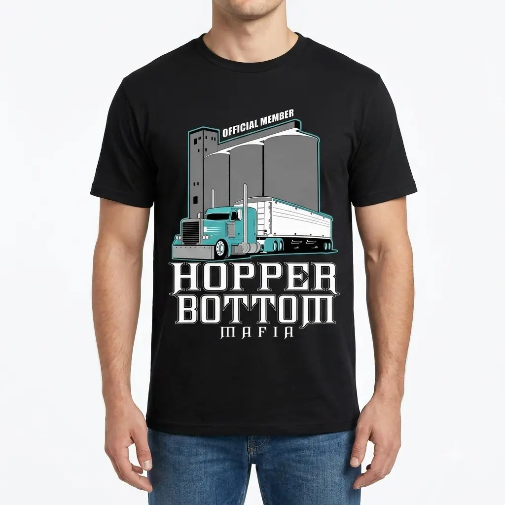 Man wearing Hopper Bottom Mafia trucker graphic shirt, front view.