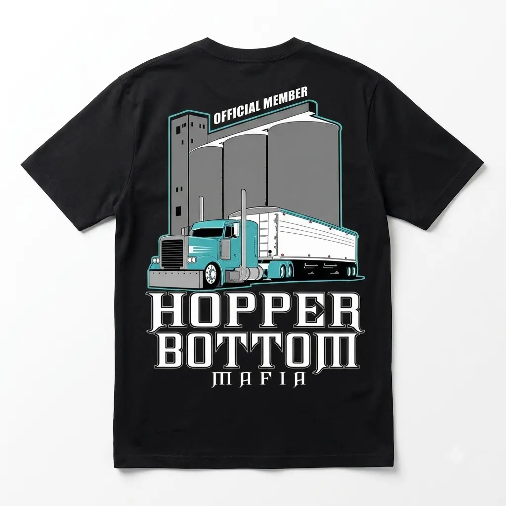 Back view of Hopper Bottom Mafia trucker graphic T-shirt.