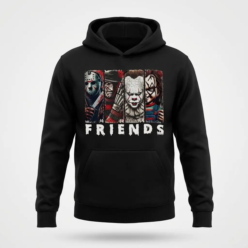 Horror Movie Characters Friends T-Shirt 2 Front view of a black hoodie featuring a playful design with beloved horror characters presented as friends.